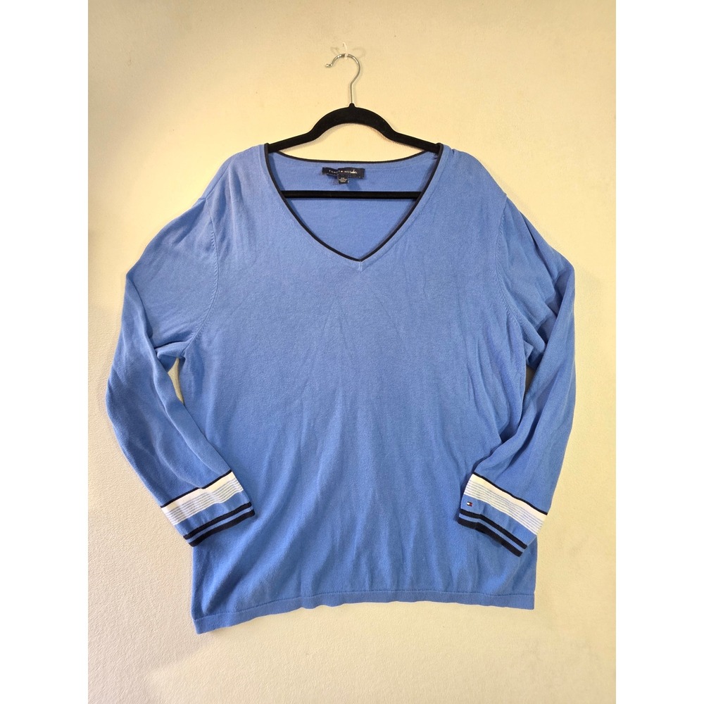 Tommy Hilfiger Mens XXL Blue V-Neck 100% Cotton Knit Sweater Long Sleeve Striped